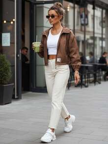 Women's Cropped Hooded Jacket With Zip Front, Drawstring Hem And Elastic Cuffs - Camel - View 2