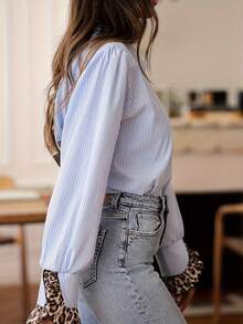 Fashion Plus Size Striped Shirt, Leopard Print Contrast Color Stand Collar Long Sleeve Button-Up Women's Blouse - Blue - View 4