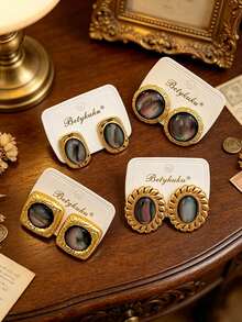 2pcs European And American Fashion Old Money Gold Tiger Eye Laser White Shell Premium Earrings - Aurora - View 4