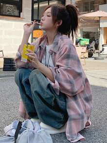 Plaid Random Stripe Lapel Loose Long Sleeve Spring/Summer Long Casual Vintage Women's Shirt - Pink - View 8