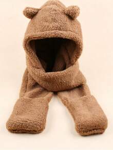 Autumn/Winter Scarf, Gloves, Hat, All-In-One Warm Hat - Camel - View 4