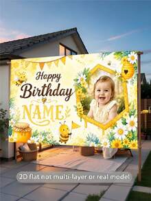 Customizable Name & Photo Bee Theme Backdrop, Honeycomb, Bee Collecting Honey, Daisy, Sunflower Decorative Design, Suitable For Bee Theme Birthday, Baby Shower, Birthday Gift, Background Decoration Photography Banner Vinyl - Yellow - View 4