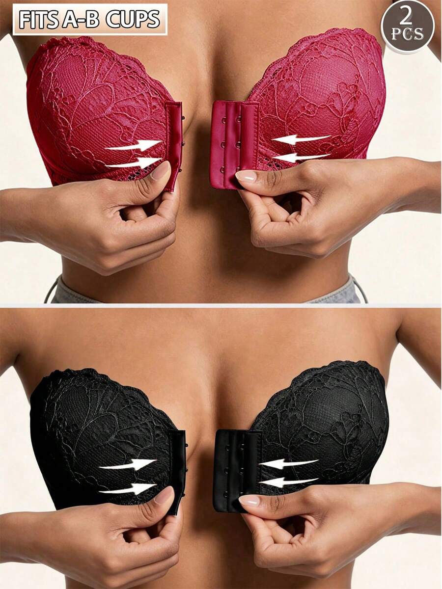 2pcs Women's Strapless Push-Up Bra, Lace Patchwork, French Romantic, Sexy Front Closure Bra, Suitable For Daily Wear, Wedding, Off-Shoulder Dress - Multicolor - View 1