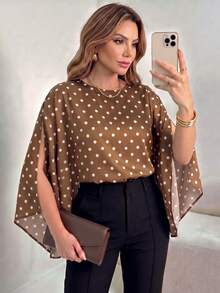 ANCHOSE Women's Spring/Autumn Brown Polka Dot Batwing Sleeve Loose Top, French Lazy Commute Daily Style - Coffee Brown - View 3
