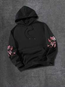 Krometka Men's Japanese Style Cherry Blossom Pattern Hooded Sweatshirt, Zen Moon Atmosphere Loose Casual Pullover - Black - View 6