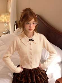 Korean Style Sexy Peter Pan Collar Bow Long Sleeve Knit Cardigan Top Women's Autumn Design Base Layer Innerwear Outerwear - Apricot - View 2