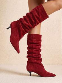 French Slouchy Burgundy Slouch Mid-Calf Boots For Women, Vintage Pointed Toe With Exquisite Thin Kitten Heel Ruched Boots, Unique Pants-Style Boots - Red - View 3