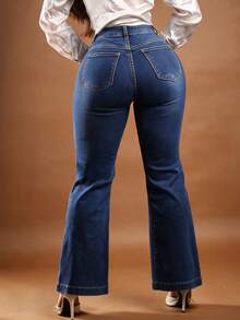 Plus Size Women's High Waist Flare Leg Casual Denim Jeans - Blue - View 3