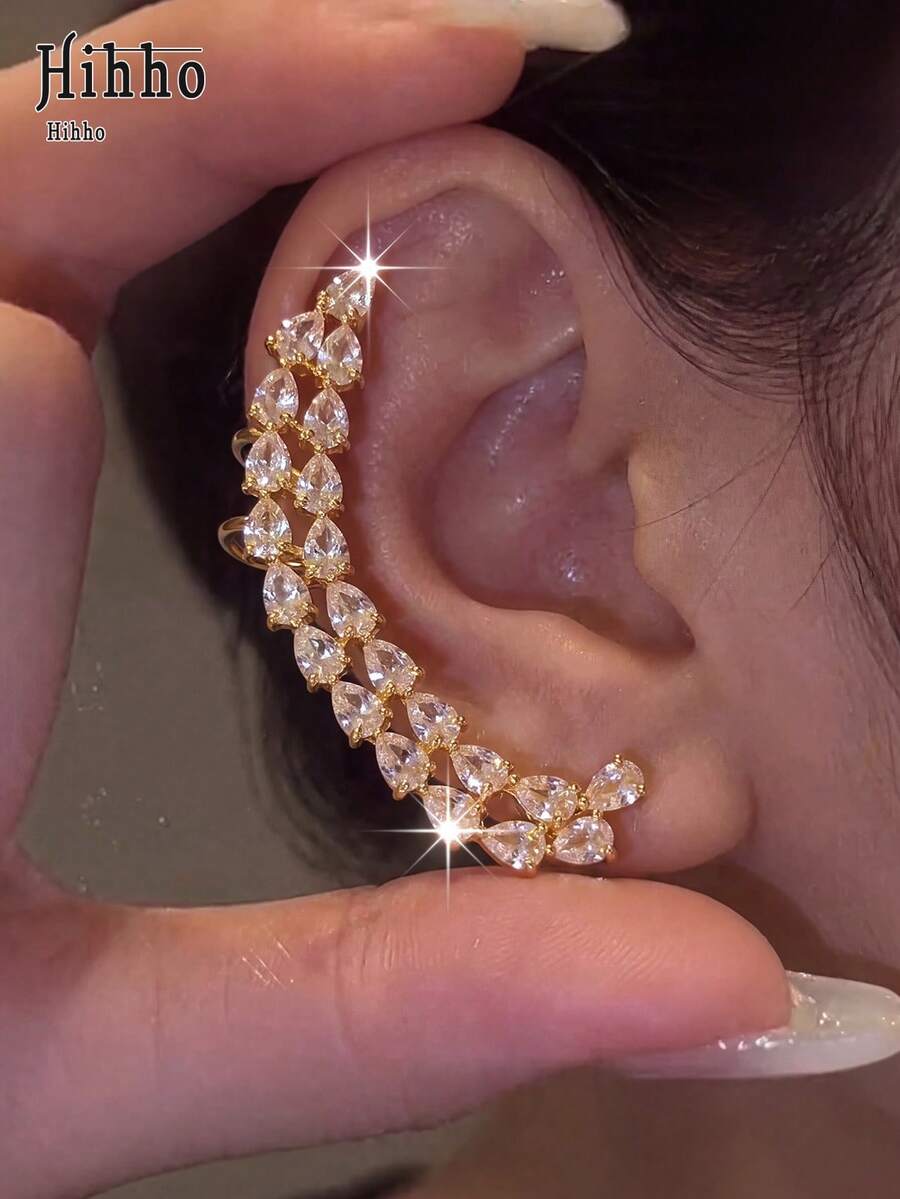 Hihho 1pc Luxury Elegant Curved Water Drop Ear Cuff With Zirconia, Sparkling And Dynamic, Ear-Shaping Accessory For Party And Date, Eye-Catching Atmosphere-Enhancing Gift For Friends On Holidays - Teardrop Ear Hooks - View 1