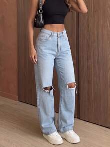 Celana Panjang Jeans Denim Longgar Kasual Wanita dengan Efek Sobek - Light Wash - View 8