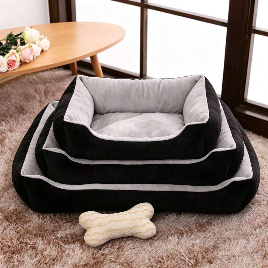 Soft Plush Dog Bed, Washable Rectangular Pet Cushion Bed For Small Medium Large Dogs Cats - Black and Grey - View 1