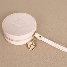 2‑Colors Optional Round Mini Zipper Cosmetic Pouch Faux‑Leather Wristlet Small Storage Bag Metal Logo Charm For Cushion Jewelry Tiny Beauty Essentials Portable Travel Holiday Gift Armani - Pink - View 5