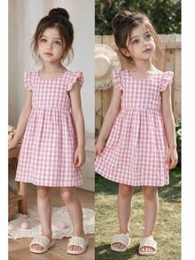 Girls Gingham Sleeveless Bowknot Dress, Pink Country Style Summer Outfit For Young Girls, Suitable For Rural Picnics, Summer Outings, And Daily Wear. Fits Girls Aged 4-7, Spring/Summer - Pink - View 6