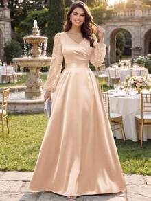 MIUSOL Glitter Floral Lace Contrast Satin Lantern Sleeve Modest Formal Party Maxi Dress,For Wedding Guest,Graduation,Dinner - Champagne - View 4