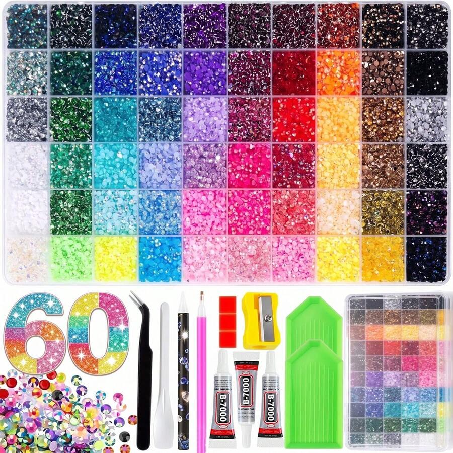 60色3mm平底水鑽套組,多色手工寶石DIY套件,附拾取筆與鑷子,適用於DIY、衣物、鞋子與閃亮珠寶,彩色混色調色盤 - 套裝 - 查看 1