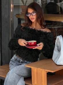 Sexy Style Short Sweater Women Autumn/Winter Lazy Loose Fluffy Soft Knitted Top - Black - View 5