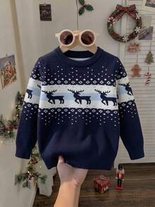 Young Boy Crew Neck Geometric Jacquard Pattern Christmas Reindeer Pullover Sweater - Navy Blue - View 1