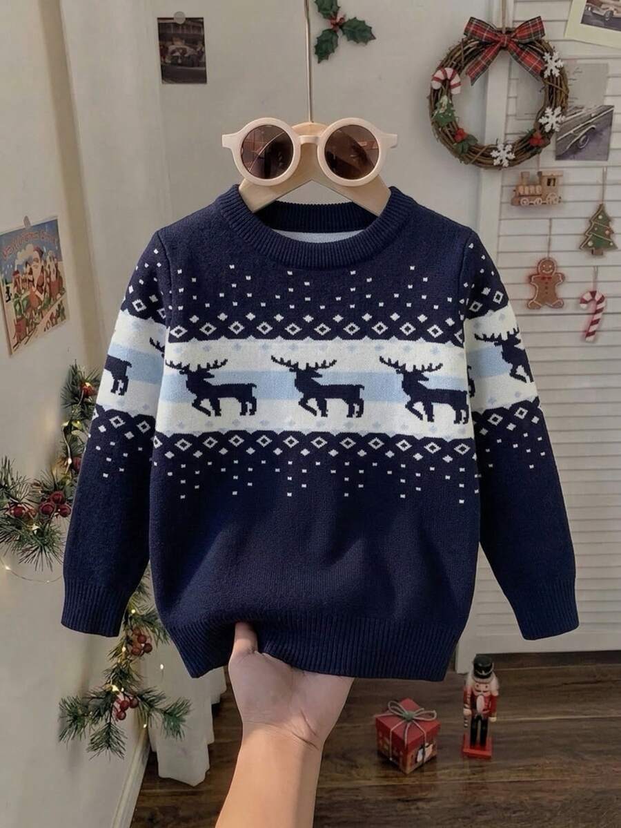Young Boy Crew Neck Geometric Jacquard Pattern Christmas Reindeer Pullover Sweater - Navy Blue - View 1