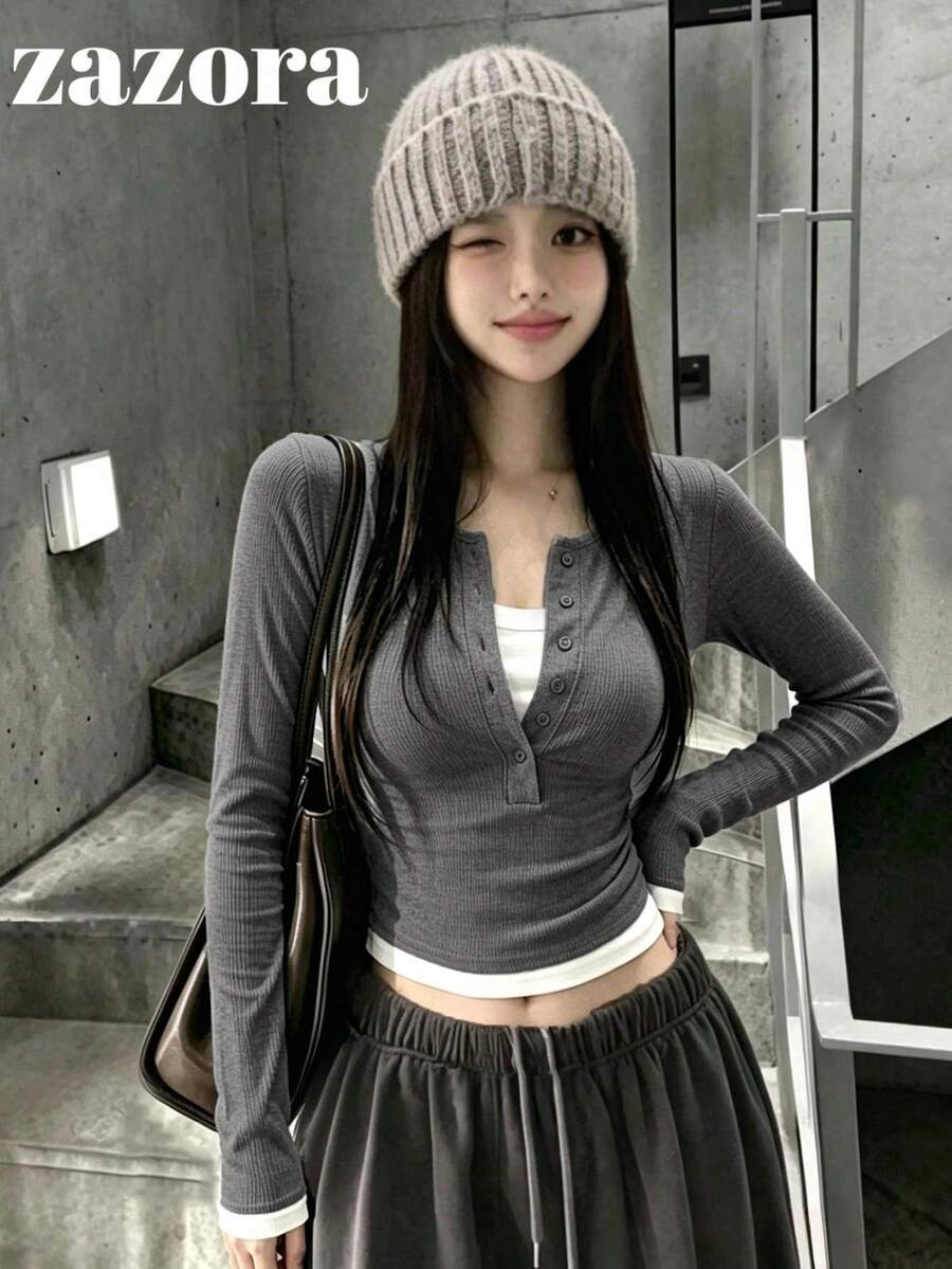 韓系秋季新款修身性感半鈕扣 2 合 1 修身百搭長袖女款 T-Shirt 上衣 - 深灰色 - 查看 1