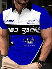 男士鈕扣式 Polo 衫，歐美流行風格，數位印花套頭領短袖，適合戶外穿著 - 藍色 - 查看 1