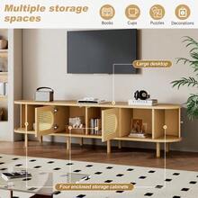 حامل تلفزيون بيضاوي 180*40*40 سم بلون خشبي فاتح، تصميم من الخيزران، بابان للخزانة، بابان منزلقان، خزانة تلفزيون، لوح منخفض، خزانة غرفة المعيشة، من خشب MDF، مناسب لأجهزة التلفزيون حتى 75 بوصة - طبيعي + خشب ليفي متوسط الكثافة (MDF) - مشاهدة 4