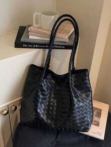 Tas Tote Anyaman Minimalis dengan Tekstur Persegi yang Saling Terkait, Pegangan Panjang Anyaman yang Senada, Badan Tas yang Lembut dan Lentur dengan Kapasitas Besar, Tas Bahu Gaya Vintage untuk Aktivitas Sehari-hari, Belanja, dan Perjalanan, Tas Tangan Bahu Serbaguna - Hitam - View 8