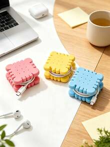 3 PiecesSet - Creative Biscuit Data Cable Storage Rack, Biscuit Shape Data Cable Storage, Cute Sandwich Biscuit Storage, Portable Cable Organizer And Decorations For Data Cable, Small Cable, And Wire Storage, Backpack Hanging Decoration, - View 1