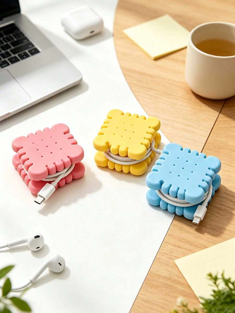 3 PiecesSet - Creative Biscuit Data Cable Storage Rack, Biscuit Shape Data Cable Storage, Cute Sandwich Biscuit Storage, Portable Cable Organizer And Decorations For Data Cable, Small Cable, And Wire Storage, Backpack Hanging Decoration, - View 1