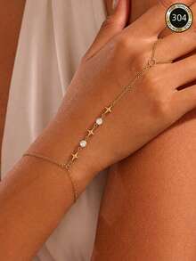 1 pieza Brazalete de dedo de acero inoxidable con circonita de estrella de 18K estilo minimalista Ins, adecuado para el uso diario de la mujer, fiestas, banquetes nocturnos, accesorio atmosférico - Dorado - Ver 1