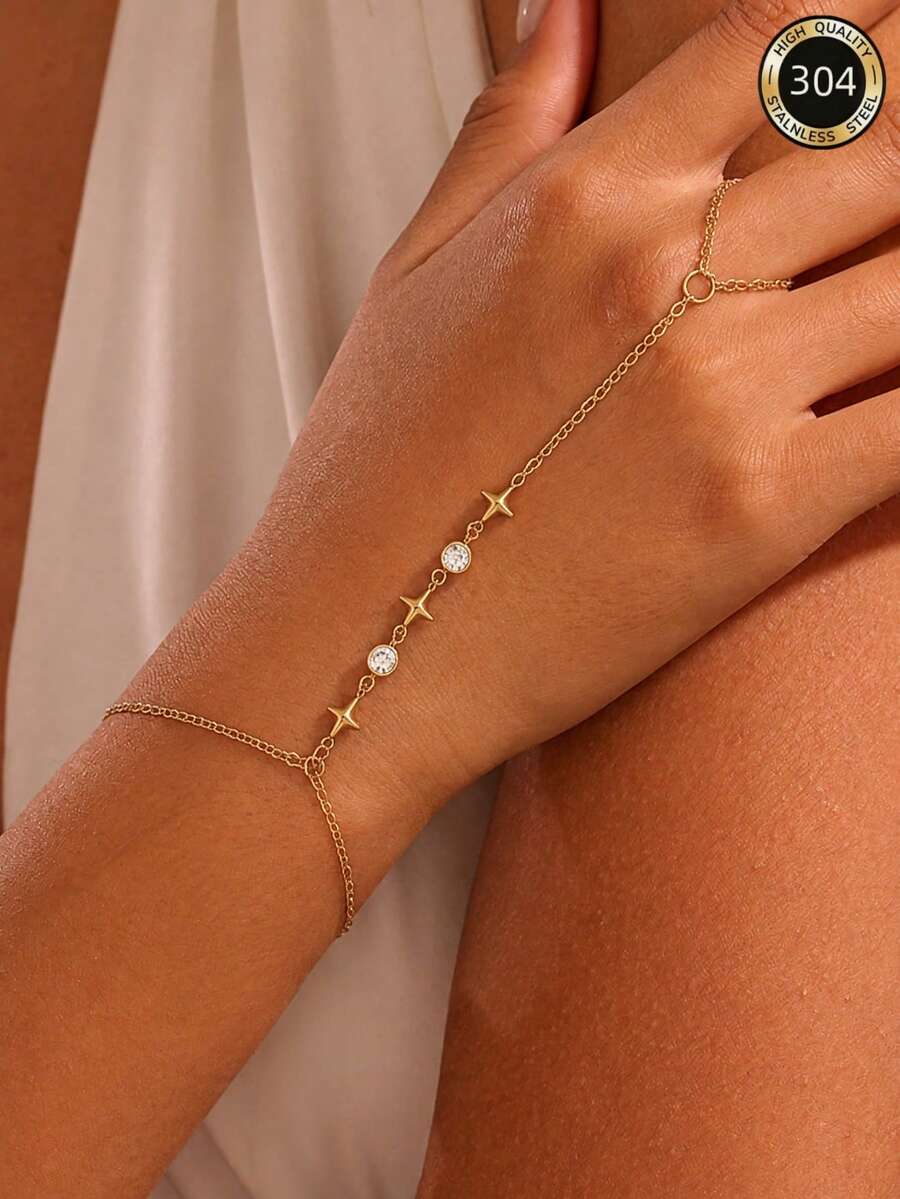 1 pieza Brazalete de dedo de acero inoxidable con circonita de estrella de 18K estilo minimalista Ins, adecuado para el uso diario de la mujer, fiestas, banquetes nocturnos, accesorio atmosférico - Dorado - Ver 1