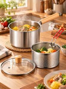 Stainless Steel Milk Pot Set, 3-In-1 Multi-Function Pot With Fryer Basket And Glass Lid, Home Kitchen Stewing, Boiling, Frying, Oil Filtering, Single Person Meal, Noodle Cooking, Soup Making, Small Fryer - View 6