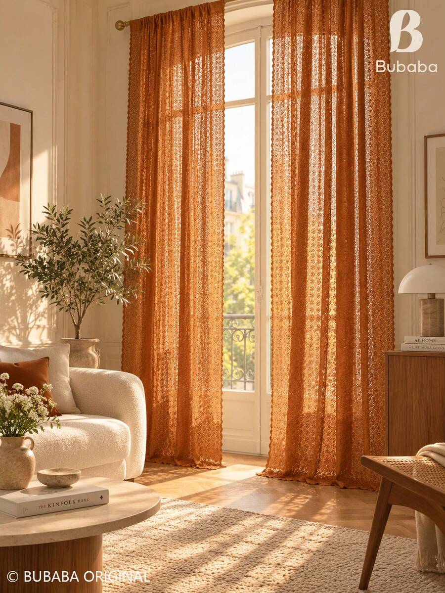 Bubaba Rust Orange Lace Sheer Curtains, Polyester Floral Lace Curtain Panel With Scalloped Edge, Light Filtering Window Drapes For Living Room Bedroom Boho Home Decor - Orange - View 1