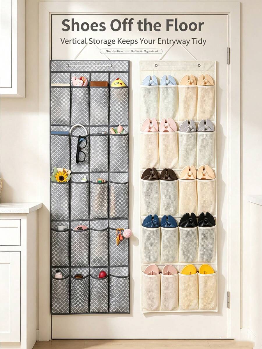 Over-The-Door Hanging Storage Bag, Multi-Pocket Mesh Bag Large Capacity, Hanging Shoe Organizer, Metal Ring Adjustable Hanging Strap, Entryway Bathroom Sundries Socks Storage, Space-Saving Vertical Storage