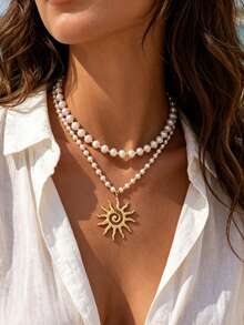 3/2/1pc Vintage Elegant Bohemian Style Women's Metal Sunflower Pendant And Blue Beaded White Pearl Necklace Set, Suitable For Women's Vacation, Date, Layering Wear, Holiday Gift Perfect Choice - Multicolor - View 2
