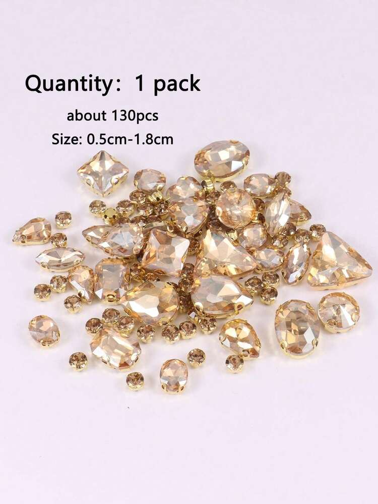 1 Pack Approx. 130pcs Gold Metal Sew-On Mixed Shape Rhinestone Glass Gems, Silver - Multicolor - View 6