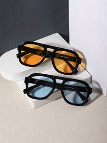 RENNES 2 PCS Men Double Bridge Aviator Fashion Glasses, Solid Black Square PC Frame, Solid Color Lens For Daily Wear Streetwear With Glasses Box - Multicolor - View 6