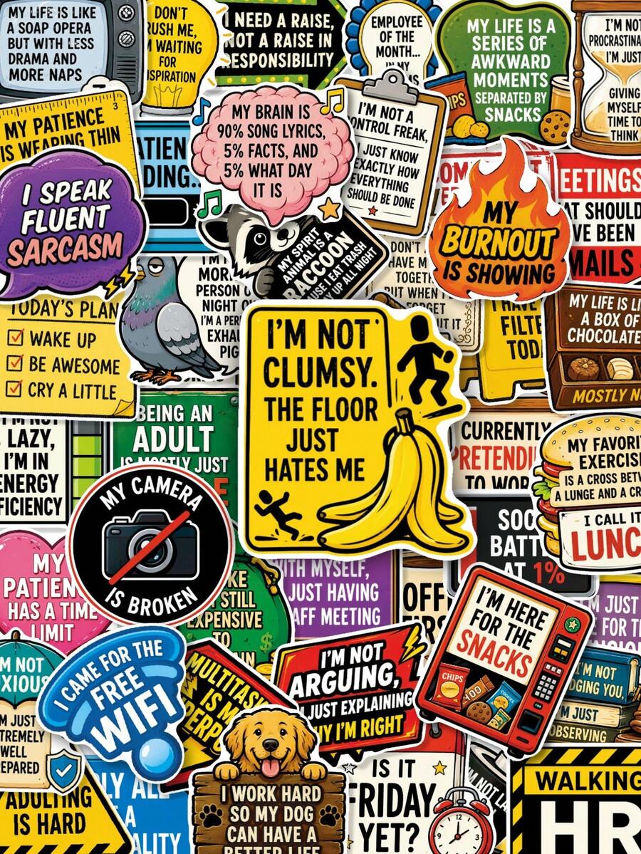 50Pcs Funny Work‑Life Sarcastic Decor Stickers, Assorted Snarky Adult Saying Decals, Amusing Decor Decals For Scrapbooking, Water Bottle, Laptop, Notebook & Daily Stationery Decor - Multicolor - View 1