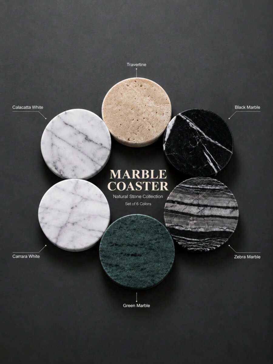 Natural Marble Coaster Set, Round Heat-Resistant Stone Mat, Non-Slip Base, High-End Home Bar And Coffee Table Decor - Green Peel - View 1