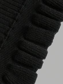Aflion Women's Autumn Black Ribbed Knit Fitted Mini Dress, Round Neck Long Sleeve Ruffle Cuff And Hem Fitted Knit Dress, Suitable For Date, Party And Daily Wear - Black - View 5