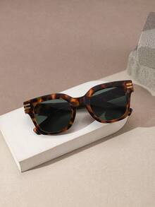 RENNES 1pc Women's Bold Retro Square Fashion Glasses, Black PC Frame With Gold Stripe Decoration, Dark Lenses, Suitable For Driving And Vacation - Multicolor - View 6
