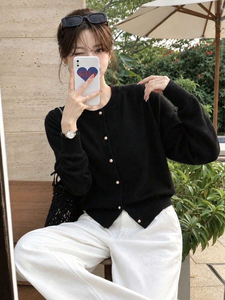 Slouchy Commute Vibe Best-Selling All-Match Women's Round Neck Knit Cardigan, Daily Versatile Slimming Single-Breasted Thin Layering Outerwear Fall Black - Black - View 1