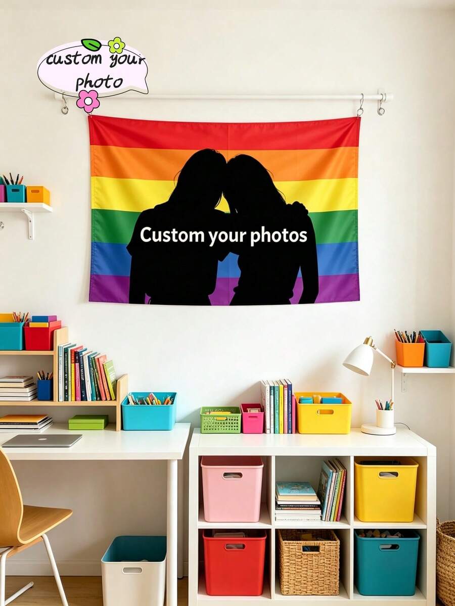 1pc Custom Pride Flag, Personalized Flag, Upload Your Photo Banner, Custom Name Text Design Flag, Couple Gift, Pride Month Decor, Rainbow Room Decor, Bedroom Wall Hanging, Party Decoration, Anniversary Gift - Multicolor - View 1
