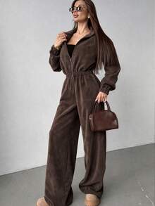 Comfortable Women's Long Sleeve Flannel Jumpsuit With Collar And Zipper, Fashionable Winter Essential - Coffee Brown - View 1
