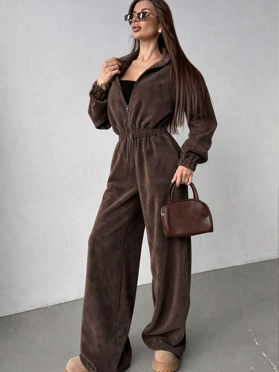 Comfortable Women's Long Sleeve Flannel Jumpsuit With Collar And Zipper, Fashionable Winter Essential - Coffee Brown - View 1