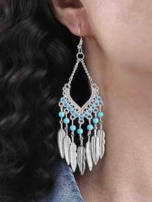 1 Pair Bohemian Vintage Water Drop Rhombus Hollow Feather Tassel Exaggerated Long Pendant Earrings, Personalized Style, Suitable For Daily Commute, Party, Gift - Tassel - View 5