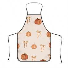 1pc Autumn Pumpkin Bow Print Apron, Featuring Vintage Small Pumpkin And Orange Ribbon Bow Pattern, Durable Cooking Apron Suitable For Bakers, Cake Decorators, BBQ Enthusiasts, Gardeners, Painters, Nail Artists - Perfect Gift For Home And Professional Chefs - Apricot - View 2