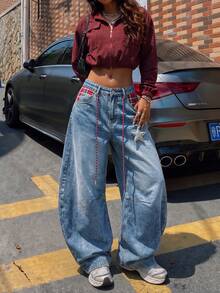 Women's Casual Wide Leg Jeans With Plaid Pocket And Rope Detail Design - Medium Wash - View 7