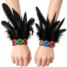 2pcs Peacock Blue Feather Wrist Cuffs With Faux Pearl Decor, Suitable For Halloween Party Cosplay Women's Costume Accessory - Multicolor - View 17