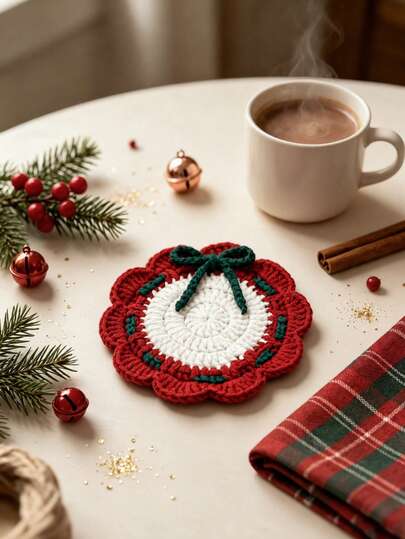 8/4/1pc Christmas Theme Table Mat & Coaster Set, Fashionable Red & White Border Design, Suitable For Daily Mug Use, Home Kitchen Decor, Christmas Family Gathering Holiday Party Gift Supplies, Room Decor, Christmas Home Decor, Autumn Home Decor, Christmas Decorations