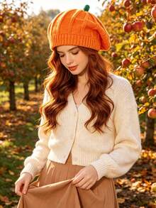 1pc Cute Halloween Pumpkin Knitted Hat, Women's Soft Warm Elastic Fit, Holiday Costume Hat, Suitable For Parties, Holiday Accessory - Multicolor - View 3
